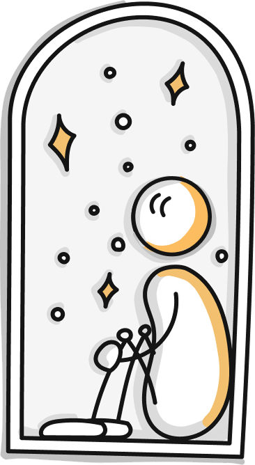 A doodle person sits on windowsill looking on dreamily