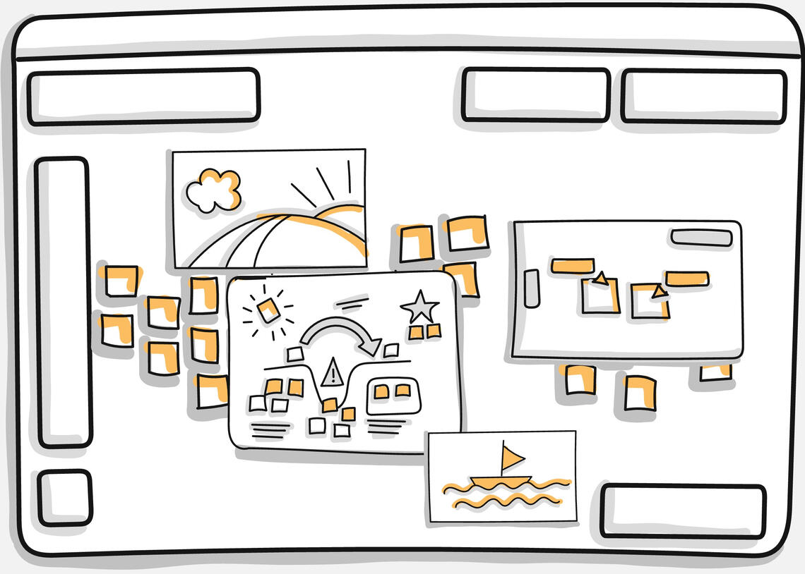 Doodle of a digital whiteboard with sticky notes and process diagrams drawn on it